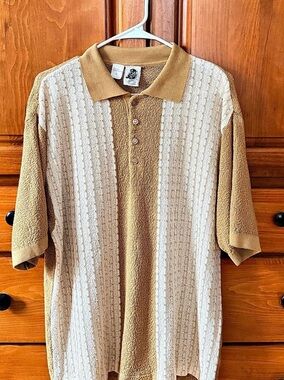 Kennington Classics Vintage Textured Color Block Polo Tan & Cream Men’s Large